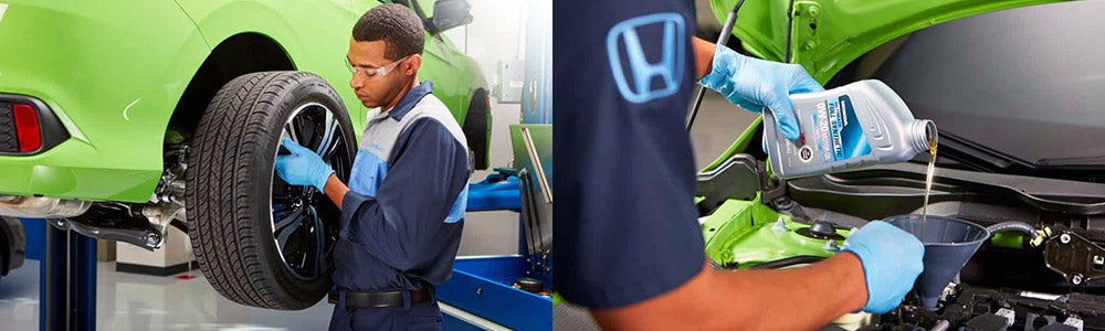 Honda service technicians performing a tire and oil change