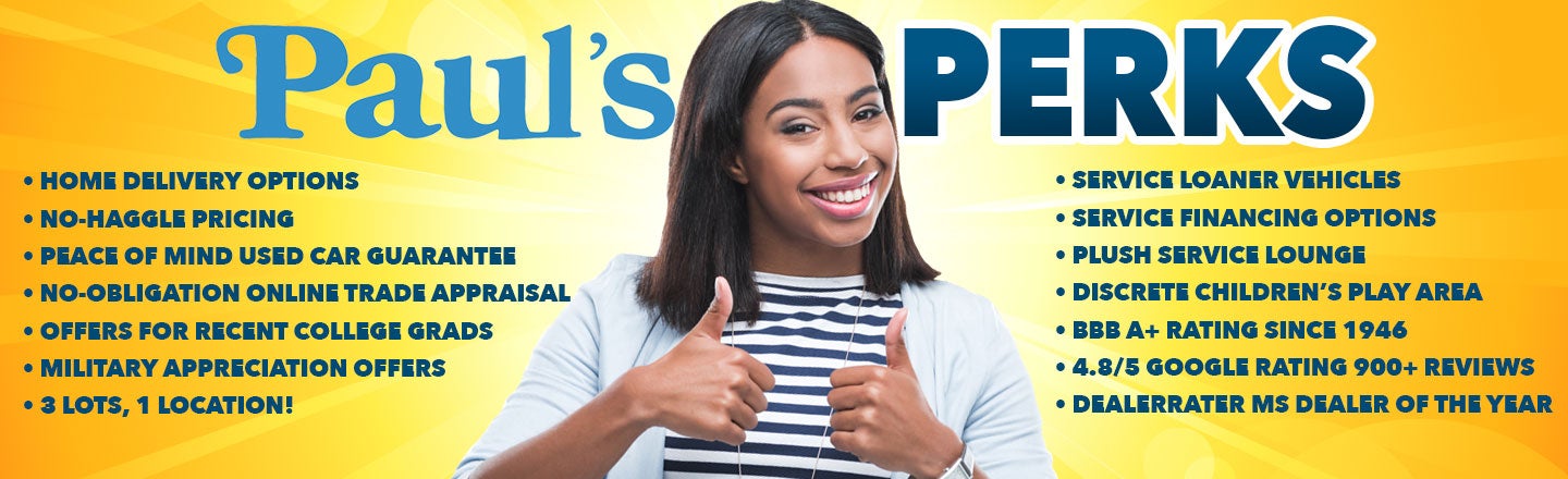 Smiling customer and list of Paul's Perks benefits